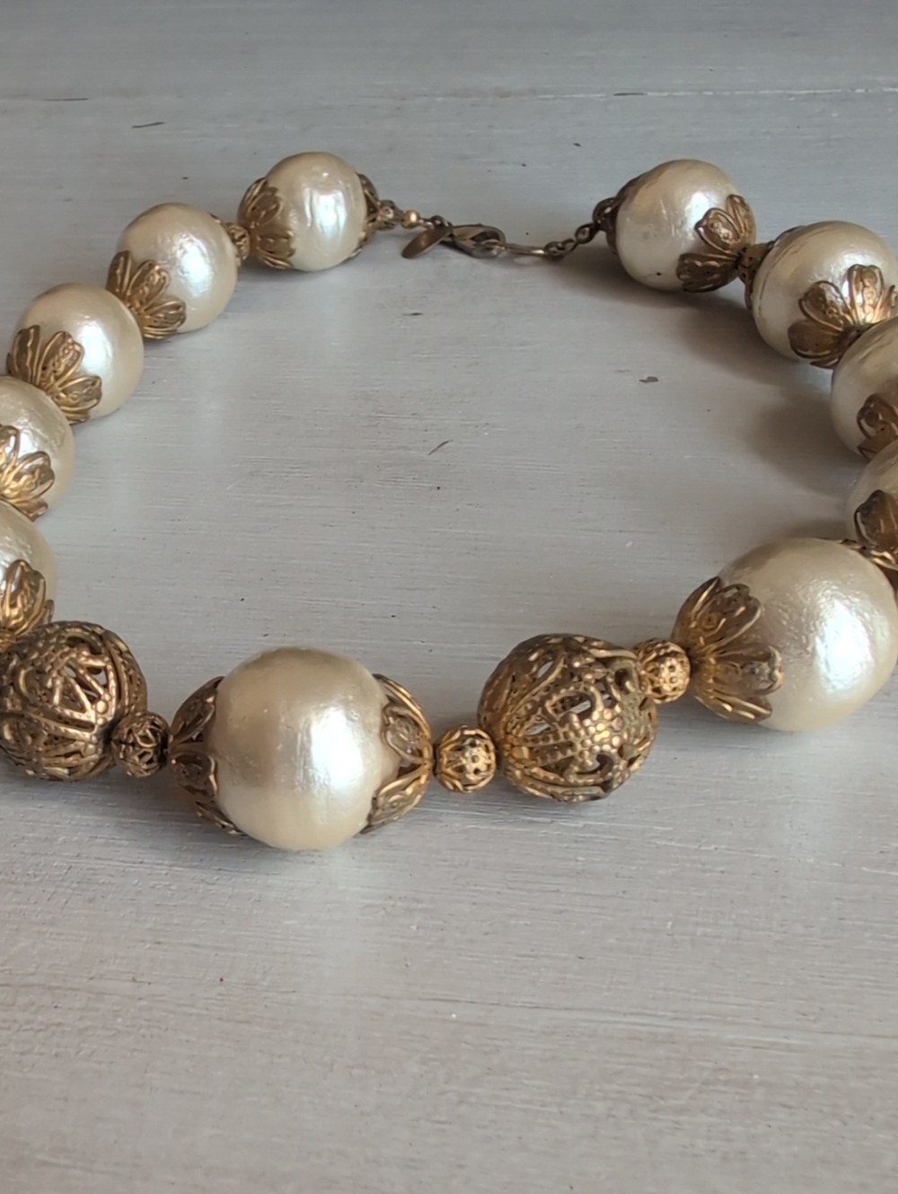 Miriam Haskell Cream Pearl-Style Bead Necklace with Gold Filigree